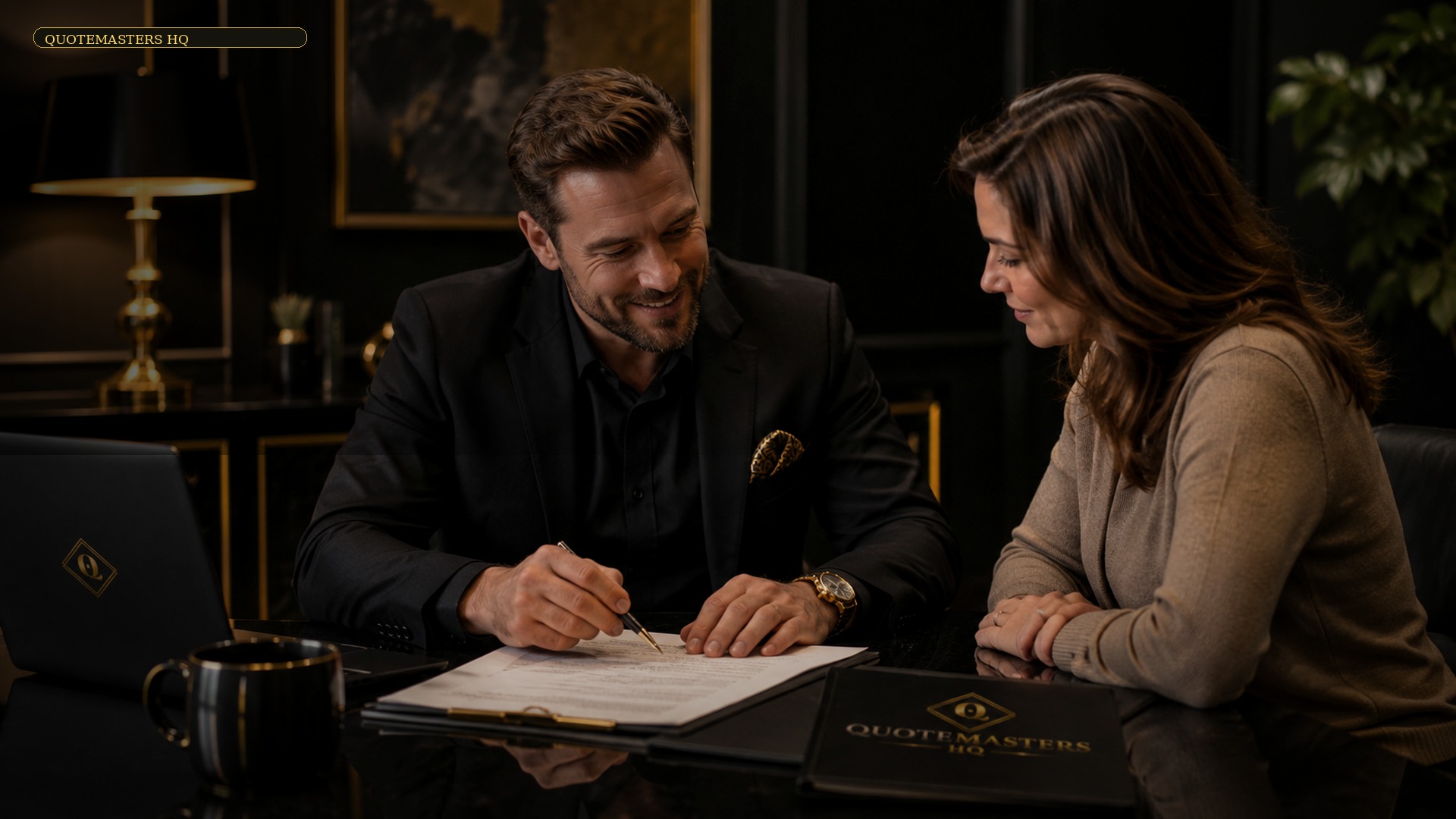 Licensed local insurance agent reviewing QuoteMasters HQ home and auto quote information with a homeowner